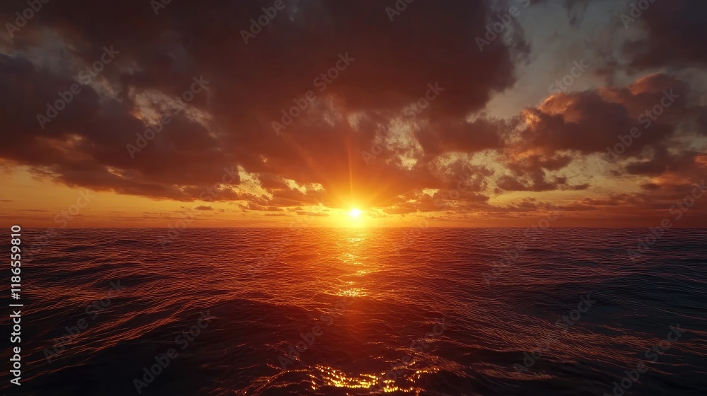 Poster dramatic sunset over ocean with rays of sunlight breaking through dark clouds creating a serene and 