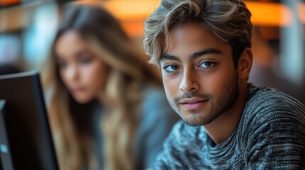 Obraz premium Young man engaged in focused work at a modern workspace with a woman blurred in the background during a creative afternoon
