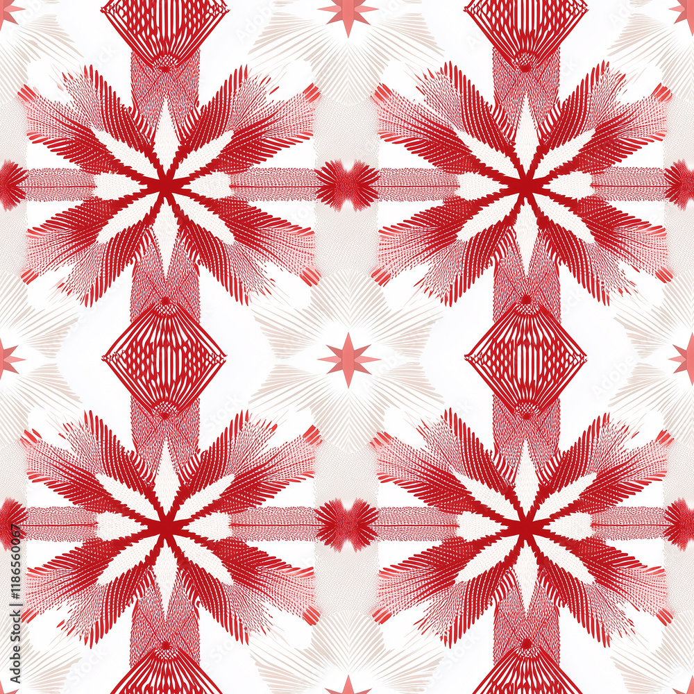 Poster Vibrant red and white snowflake pattern creating a festive, winter-themed design.