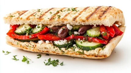 A vibrant Mediterranean-inspired sandwich featuring hummus, roasted red peppers, feta cheese, cucumber, and Kalamata olives.