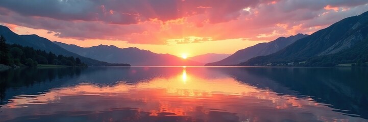 Serene lake at sunset with calm water and distant mountains, peaceful, nature