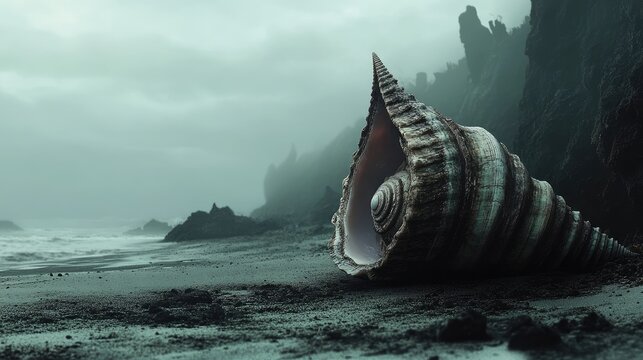 Mystical coastal landscape featuring an artistic rapan shell against a moody seascape with dramatic cliffs and turbulent skies.