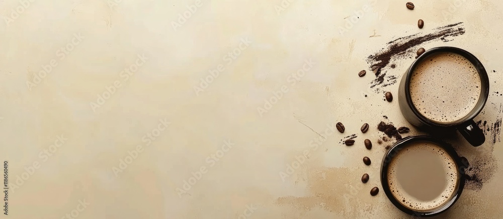 Poster coffee background with mugs and beans on table top view empty space for text perfect for beverage re