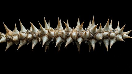 Lignified plant spines with sharp pointed formations on a black background showcasing their unique structure and texture