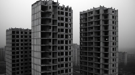 Obraz premium Abandoned skeletal structure of a modern apartment complex under construction in a foggy urban landscape