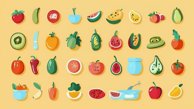 Colorful fruit and vegetable icons; food preparation; light background; healthy eating illustration