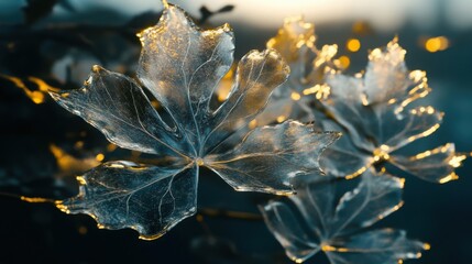 American Sycamore tree leaves, glasslike abstract botanical wallpaper with trees, translucent and luminous effect on dark background, glassmorphism forms
