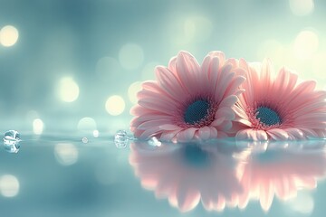 Obraz premium Serene pastel pink gerbera daisies float on tranquil water, reflecting soft light and creating a peaceful, dreamy scene.