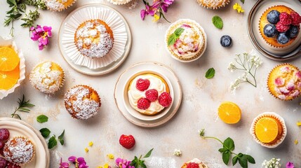 Delicious Assortment of Homemade Muffins and Cupcakes Decorated with Fresh Fruits and Flowers on a Rustic Table Setting