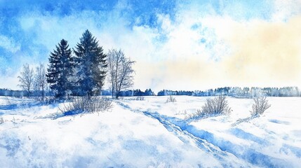Winter landscape, snowy field, trees, path, watercolor, sunny sky, postcard design
