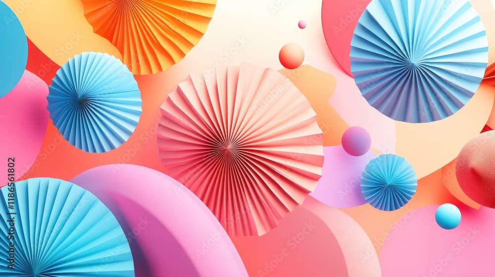 Poster colorful minimalist abstract background with dynamic floating geometric elements and ample copy spac