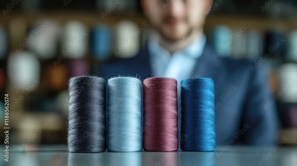Poster colorful spools of thread arranged on a table with a blurred figure in a suit in the background high