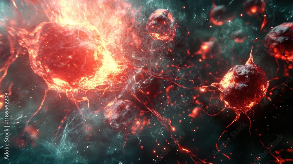 Aufkleber Cancer cells with glowing edges showcase intricate structures and dynamic behavior in a vibrant microscopic environment. Generative AI
