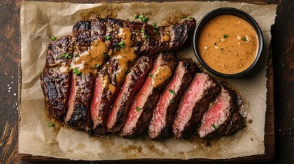Grilled steak sliced and served with savory sauce on a rustic wooden table garnished with fresh herbs.