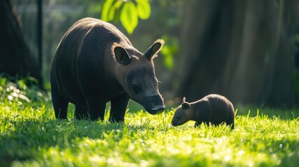 Fototapeta premium Tapir mother and baby grazing on lush green grass in a serene natural setting under soft sunlight