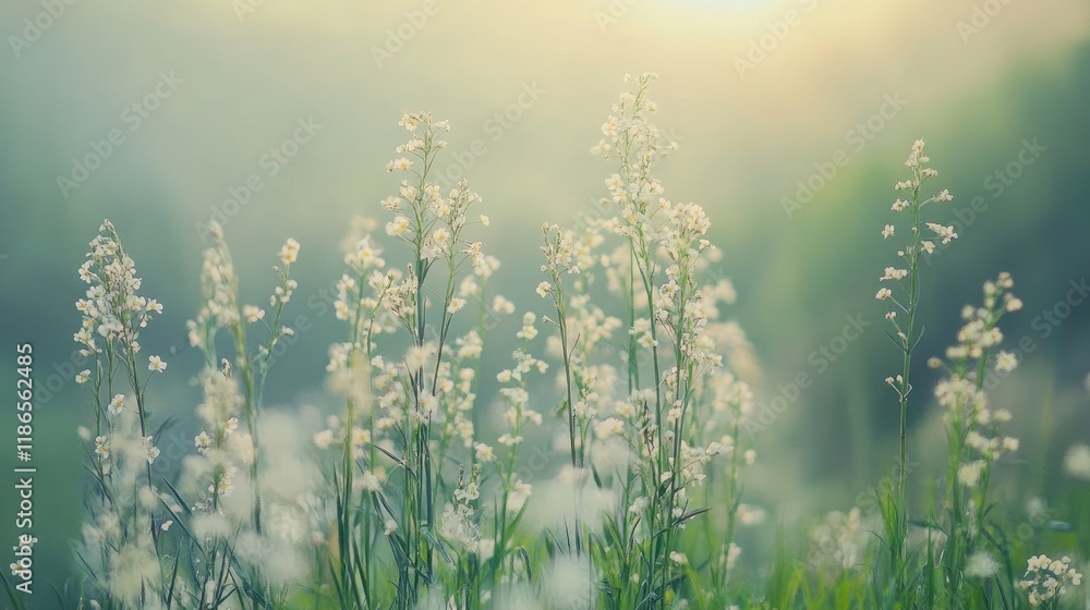 Poster soft morning light illuminating delicate wildflowers in a serene field setting with lush greenery an