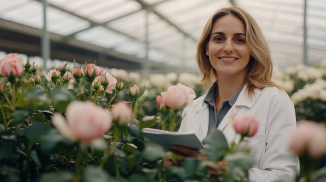 Rose Greenhouse Specialist: A smiling female horticulturalist in a lab coat examines a vibrant rose bush in a greenhouse filled with blossoming pink roses. She holds a clipboard. - Powered by Adobe