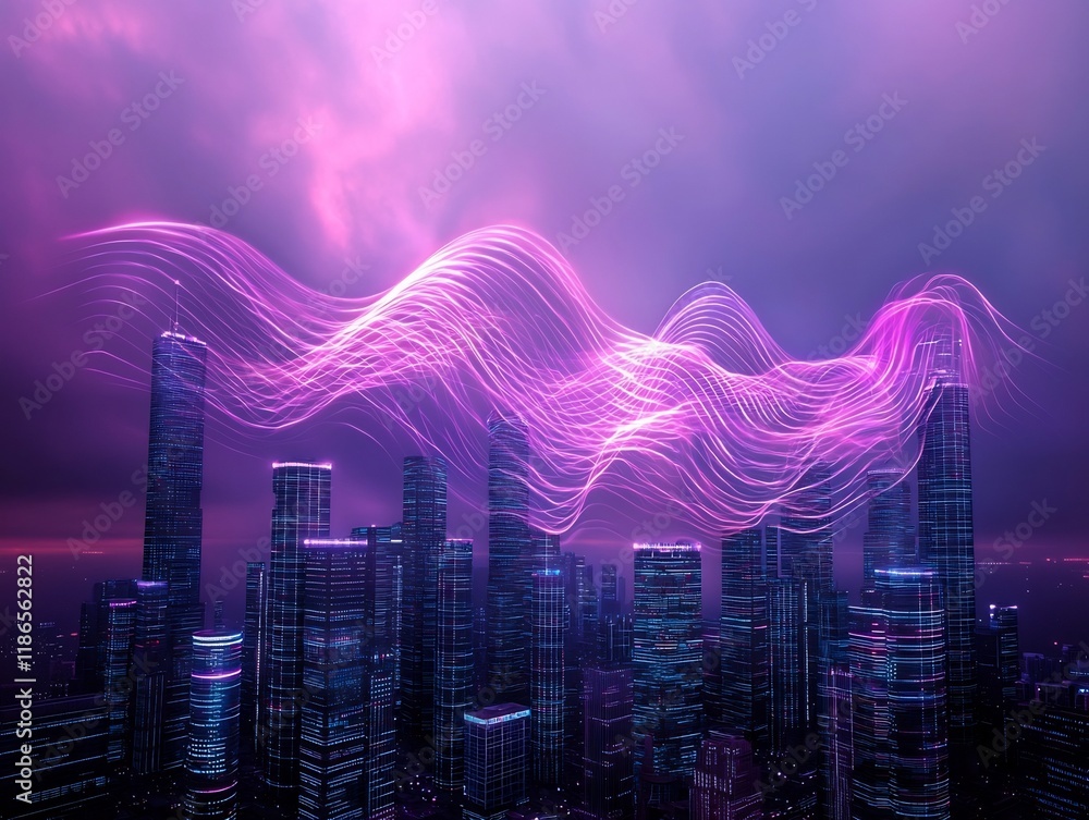 Poster cascading wave of brilliant light rippling quantum phenomena intricate digital tessellations and hyp