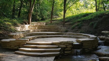 Tranquil stone amphitheater surrounded by lush greenery in Tanyard Creek Park perfect for outdoor gatherings and nature appreciation