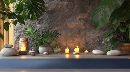 Blue Yoga Mat on Wooden Floor with Candles and Plants