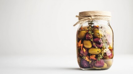 Colorful olives in a glass jar with herbs and flowers showcasing gourmet preservation on a clean white background