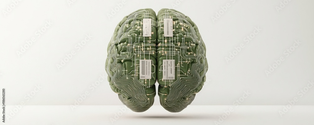 Poster a digital brain representation with circuitry, symbolizing the fusion of technology and human cognit