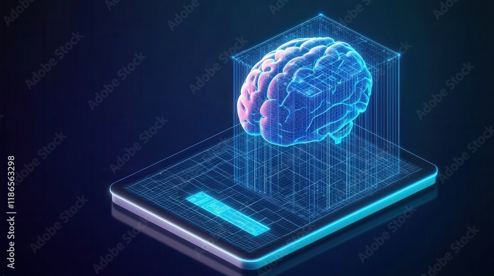 Poster a digital representation of a brain displayed on a tablet, symbolizing technology, neuroscience, and