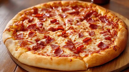 deliciously baked pepperoni pizza served on a rustic wooden table top with a warm inviting atmosphere
