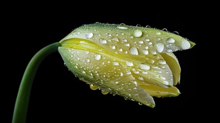 Fototapeta premium Closeup of yellow tulip flower with water droplets on petals against a black background showcasing natural beauty and freshness