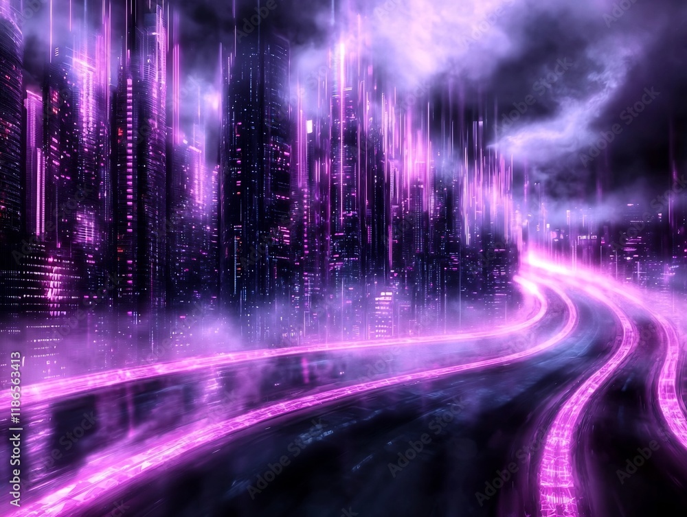 Poster glitching futuristic metropolis shrouded in vibrant quantum energy and captivating cascading neon li