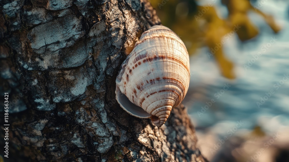 Poster shell resting on the bark of a tree with a blurred natural background highlighting the unique juxtap