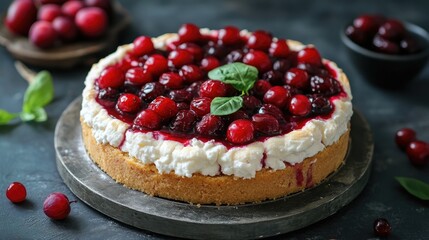 Delicious cottage cheese tart topped with fresh prunes and cherries on a dark stone background garnished with basil leaves