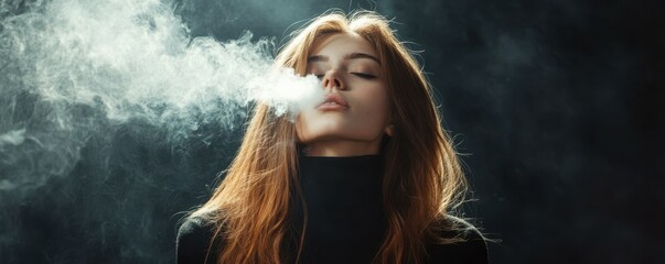 Fototapeta premium Thoughtful young woman with long hair exhaling smoke, wearing a black turtleneck, set against a dark background, conveying a sense of introspection and ...