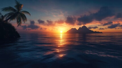 Tropical Sunset Over Calm Ocean Waters with Silhouetted Islands and Low Hanging Clouds