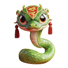 Cute 3D render of Chinese new year symbol 2025 snake wearing traditional headdress. Green and red colored mascot.