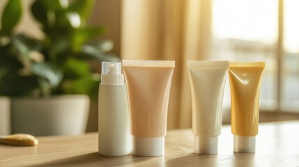 Travel-sized shower gel and shampoo tubes arranged on a wooden surface with natural light and plants in the background for personal care marketing