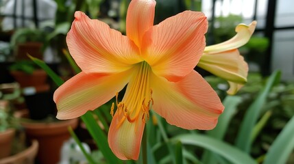 Fototapeta premium Beautiful tropical orange flower blooming in a lush botanical garden showcasing vibrant colors and intricate petal details.