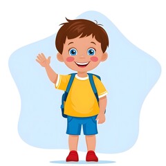Obraz premium a little boy with a smile with school bag, yellow t-shirt 