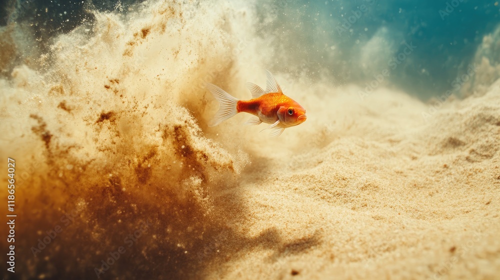 Poster sand swirls as a fish swims through underwater sediment creating dynamic movement and visual texture