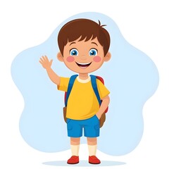 Obraz premium a little boy with a smile with school bag, yellow t-shirt 