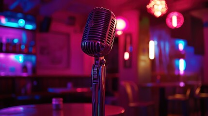 Retro microphone on stage in a dimly lit bar with colorful neon lights.