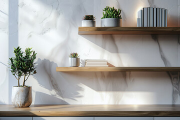 Office interior backdrop for online meetings. Light home office setting bookshelves background with succulent plants. Minimalist online workspace aesthetics. Room design with window shadow drop.