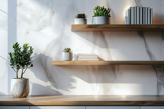 Office interior backdrop for online meetings. Light home office setting bookshelves background with succulent plants. Minimalist online workspace aesthetics. Room design with window shadow drop.