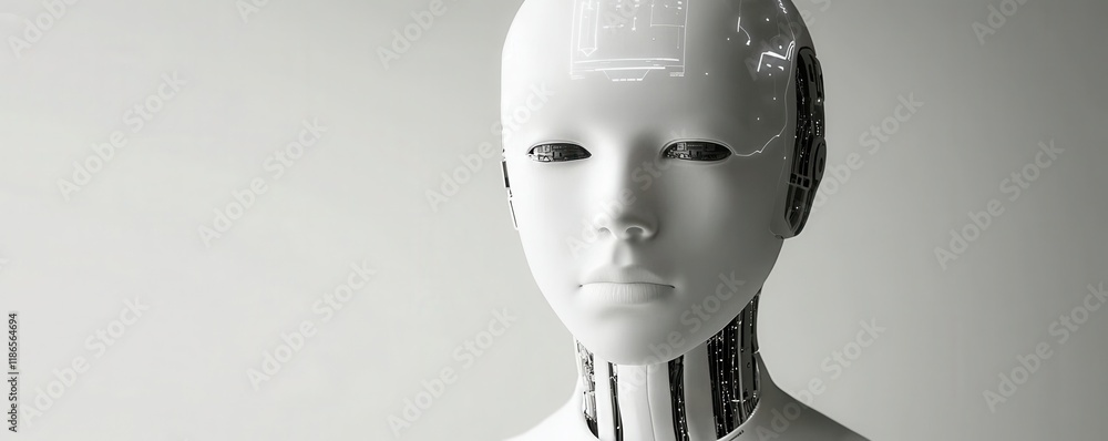 Poster a futuristic robotic head with a smooth, white surface and visible internal components, showcasing a