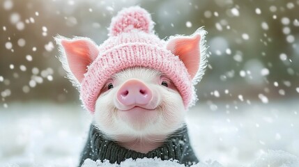Cute piglet in pink hat and sweater in snow.