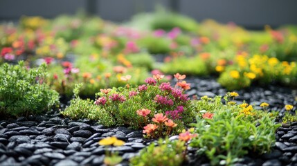 Obraz premium Vibrant Green Roof Garden Enhancing Urban Sustainability and Heat Reduction with Colorful Flowers and Natural Elements