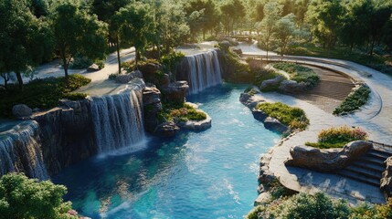 Scenic waterfall surrounded by lush greenery in a serene park setting with clear blue water and walking paths