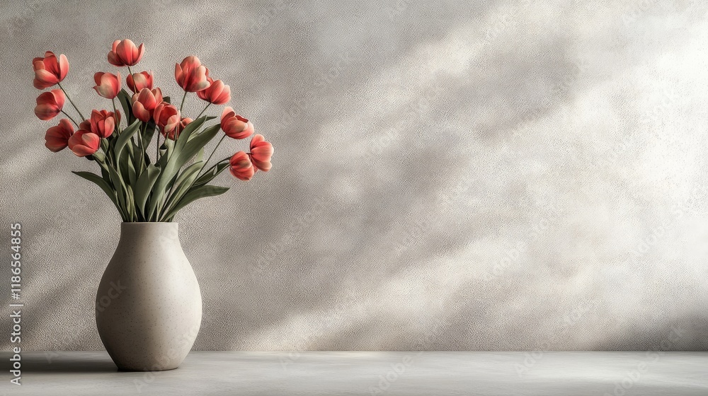 Poster elegant tulip bouquet in neutral vase on minimalistic background with soft shadows and gentle light 