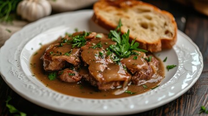 Savory meat with rich gravy and fresh herbs served with bread on a white plate against a rustic wooden backdrop for a restaurant dinner setting