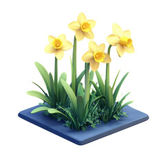3D render plastic spring daffodils blossoming. Yellow springtime garden flowers.